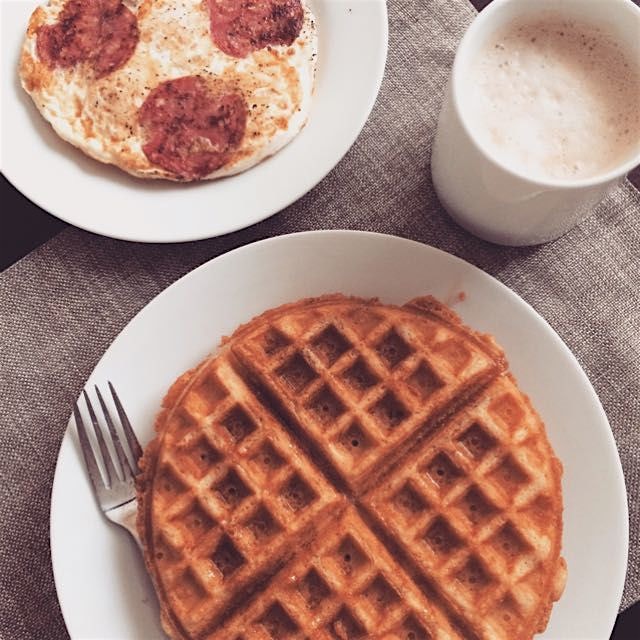 Made gluten free waffles (recipe from ELC) to go along with my usual Eggitza (eggs & salami) and ...