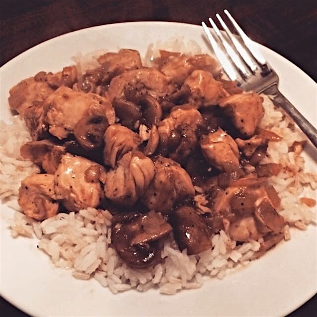 Dinner tonight was my GF Chicken and Mushroom Sauté Recipe steamed rice... this is definitely a f...
