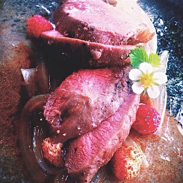 A dish from early summer. Wild pigeon with wild strawberries. 