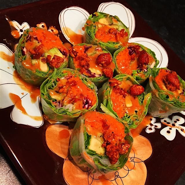 Vegetable Sushi Rolls w Peanut Sauce for lunch. Featuring @chiligranola for added spice, crunch, ...