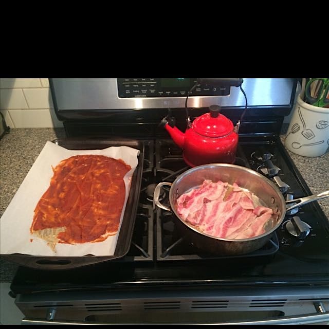 Dehydrated sriracha and bacon getting ready to go into the Super Bowl cheeseball. 