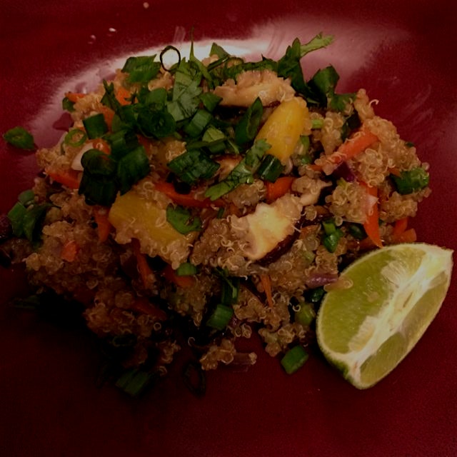 Homemade Pineapple fried Quinoa with tons of veggies and shiitake mushroom. Lots of protein and f...