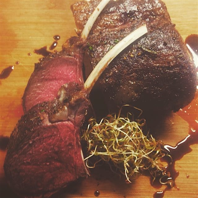 Venison chops, sprouted beluga lentils chaga Gastrique. 