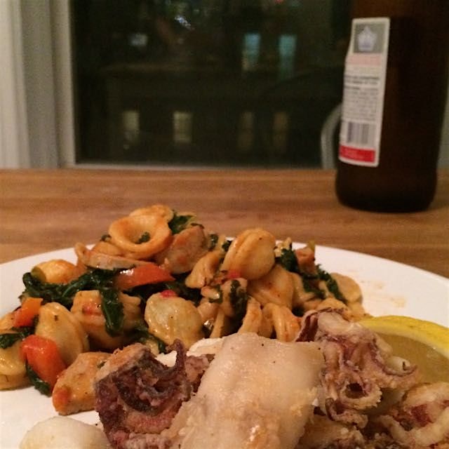 Orchiette with kale, pepper and Italian sausage and calamari with homemade marinara. Was so fun t...