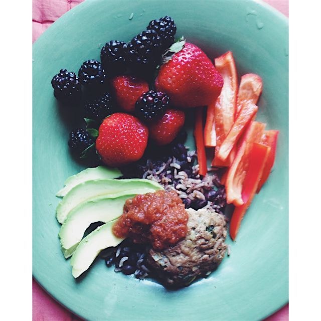 Delicious & healthy lunch - rice and beans with a homemade turkey burger topped with salsa and av...