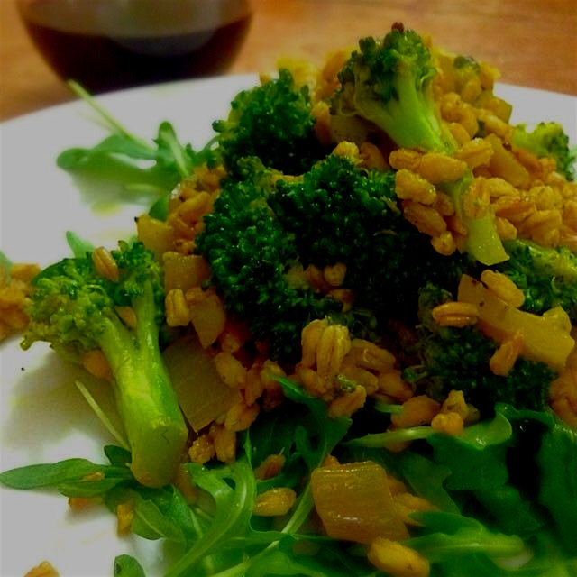 Created a broccoli farro risotto dinner for two. So green. Delicious. 
