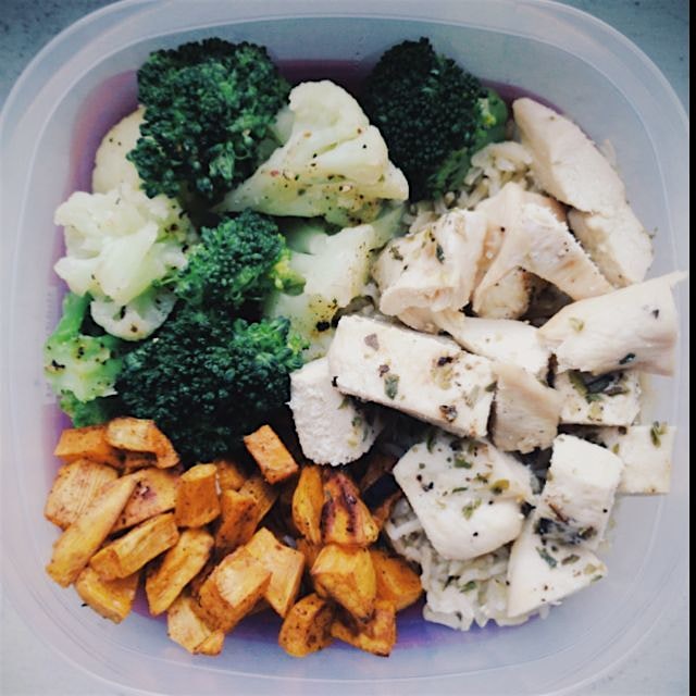Bring-to-school (or work) lunch! Chicken baked with lemon and rosemary, steamed broccoli, and bak...
