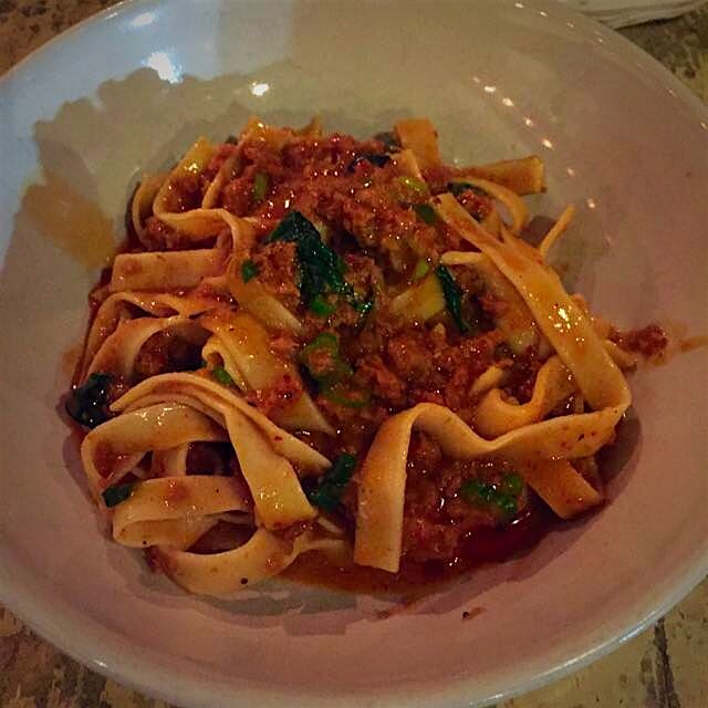 Ground shrimp "bolognese" at Peche #nola