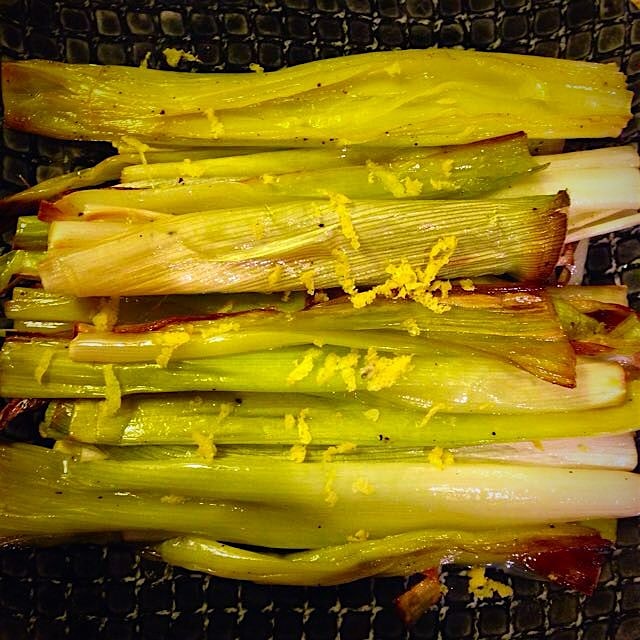 Roasted leeks with lemon zest, olive oil, salt, pepper