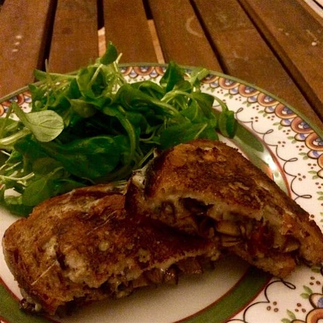 Grilled fontina, mushroom & sage sandwiches with salad waiting for me post happy hour-that-ran-to...