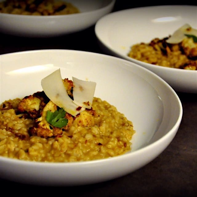 Lentil & brown rice risotto w/ cumin roasted cauliflower & cauliflower bark shavings... Simple, h...