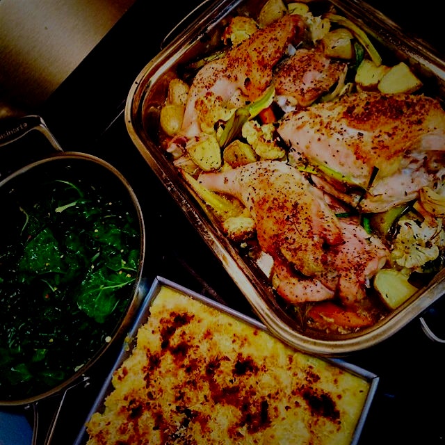 Roasted Chicken with Greenmarket Vegetables, Sauted Kale, and Slimmed-down Mac and Cheese #sunday...