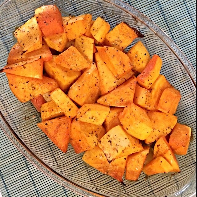 Roasted pumpkin over a bed of carrot and potatoes. Trying new flavors. Pumpkin isn't very common ...