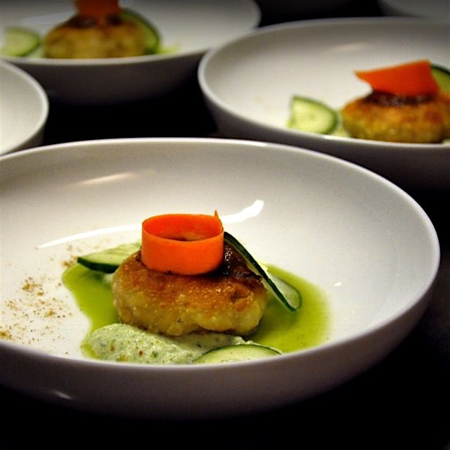 Curried Chicken Kulcha (Indian flatbread) Pie w/ Cucumber Yogurt & spicy Cucumber Jus. I like to ...