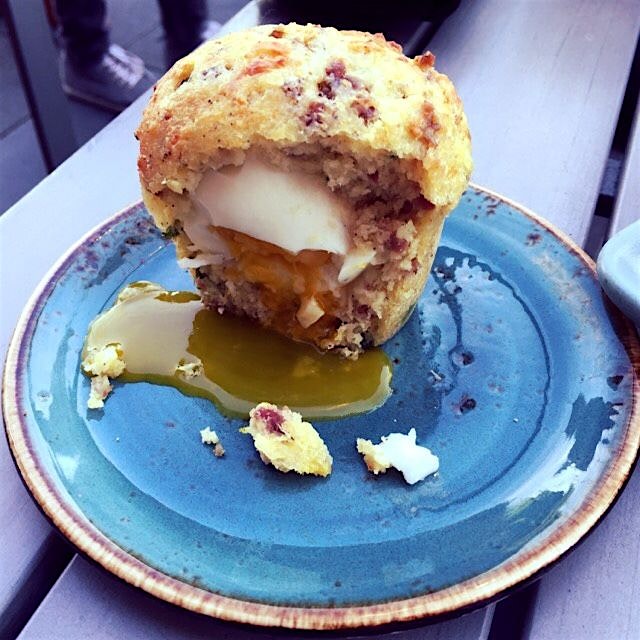 Yes, it's a soft boiled egg inside a savory muffin. Yes, it's delicious. #sanfran