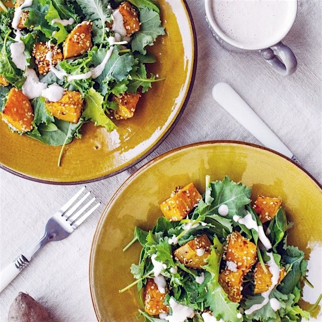 Baby kale and marinated sweet potatoes. {Recipe on my website}