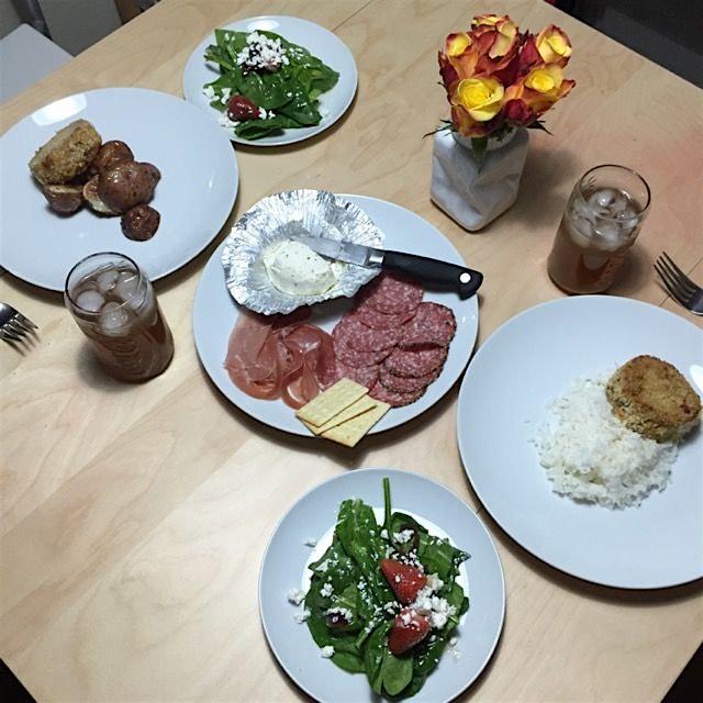 Stayed in for #valentinesday #atx #romanticdinner #flowers #crabcake #thebearbatliondogeats