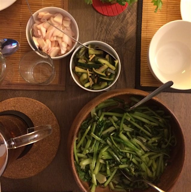 Pickled cucumbers and turnips and turnip greens. All from the Union square farmers market