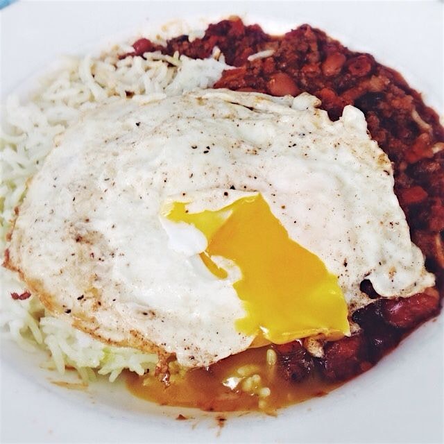 Venison chilli,basmati rice and egg. Breakfast. 