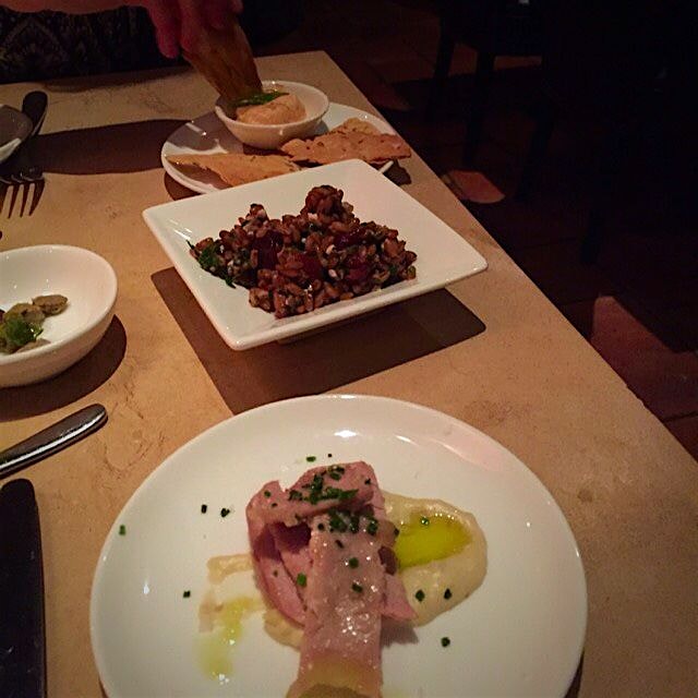 Smoked trout roe, farro with cherries, and cured bluefin