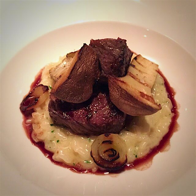 Strip loin with Maitake and savory rice pudding