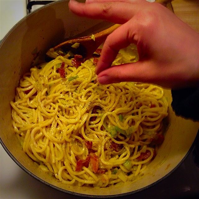 Carbonara with #leeks, local #eggs & #bacon, and #spaghetti alla chitarra 