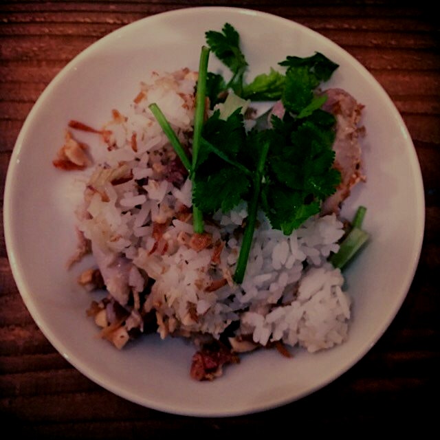 Beautifully simple steamed chicken with coriander and a vinegar and fish sauce here at Irodori in...