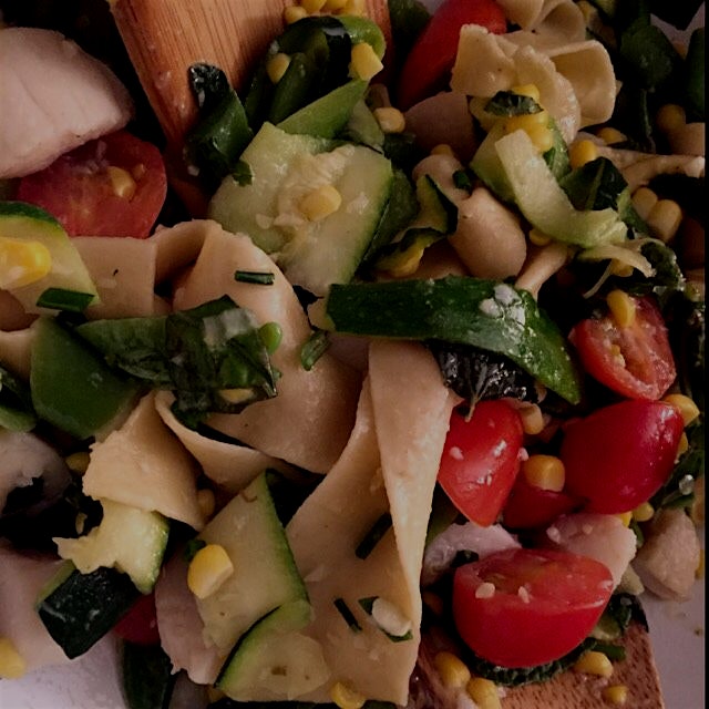 Family dinner- fresh pappardelle, zucchini ribbons, snap peas, cherry tomatoes, corn and scallops!