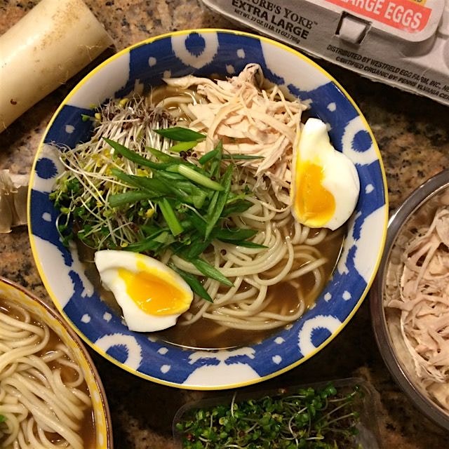 Homemade 12-hour bone broth and "ramen" made from alkalinized (+baking soda to boiling water) dri...