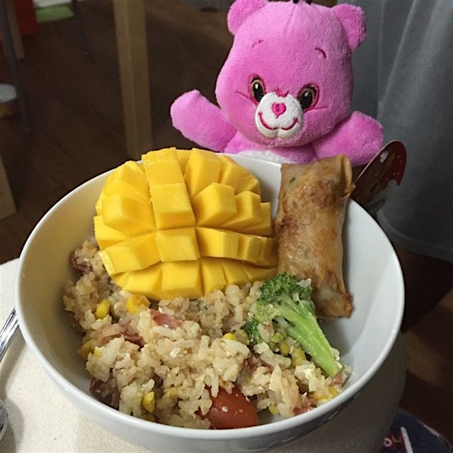 Dinner is cheerbear approved! #friedrice with a side of #mango and #carebear #ATX #TheBearbatLion...