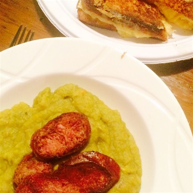 Snert (split pea soup with smoked pork and spices) with Gouda Grilled Cheeses for my Dutch husban...