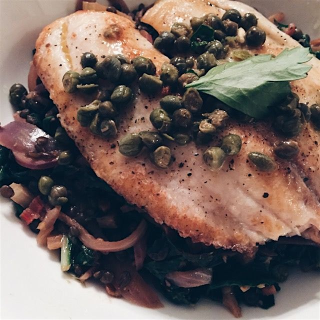Tilapia Menuiere with Moroccan-spiced lentils and Rainbow Chard. I get no cooking cred here, my B...