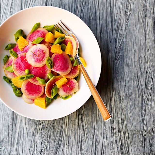 Crunchy watermelon radish salad with tangerine dressing is what I am crushing on!