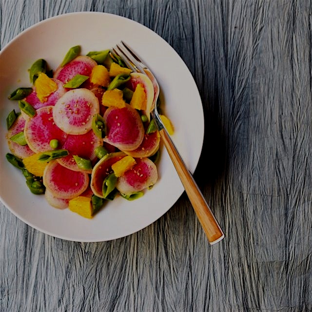 Crunchy watermelon radish salad with tangerine dressing is what I am crushing on!
