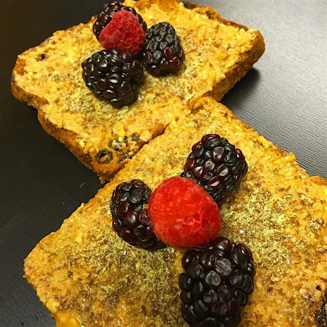 Honey Roasted Peanut Butter & Flax Seeds on Cinnamon Raisin Ezekial Toast! #yumdelish #simplicity...