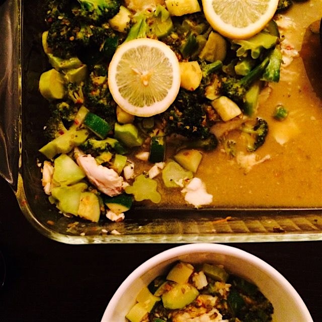 Speedy dinner of cod with broccoli and summer squash. 