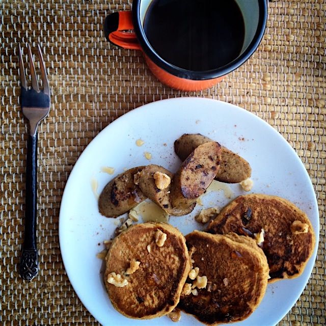 Pumpkin protein rum soaked raisin pancakes |  #fieldroast vegan apple sage snausages | Ugandan pe...