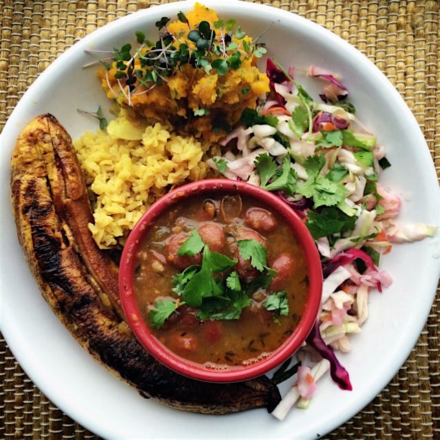 the complete plato: Colombian-style red cagamanto beans, roasted platano, cabbage slaw, mashed ro...