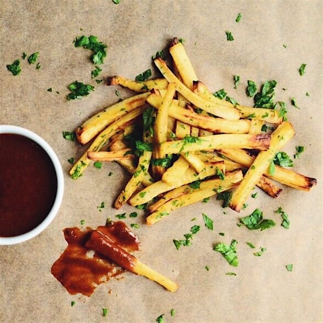 Baked Parsnip Fries + Apricot BBQ Sauce:)