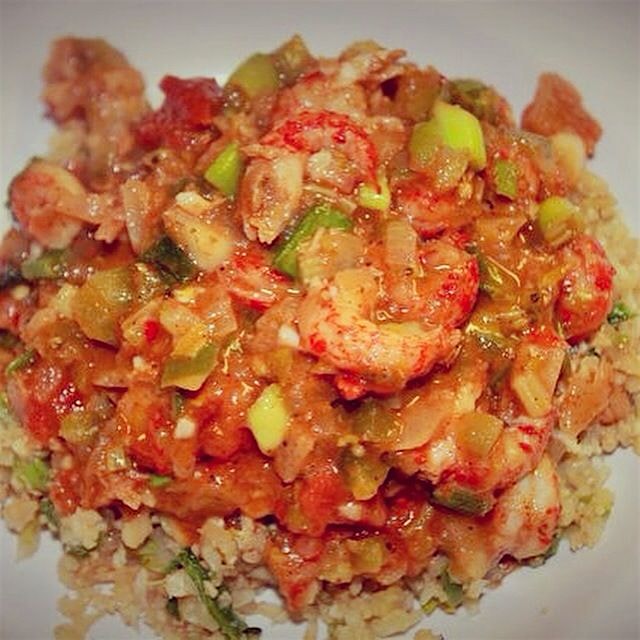 Healthy crawfish étouffée over dirty cauliflower rice- on the blog http://amouthfulofmoderation.c...