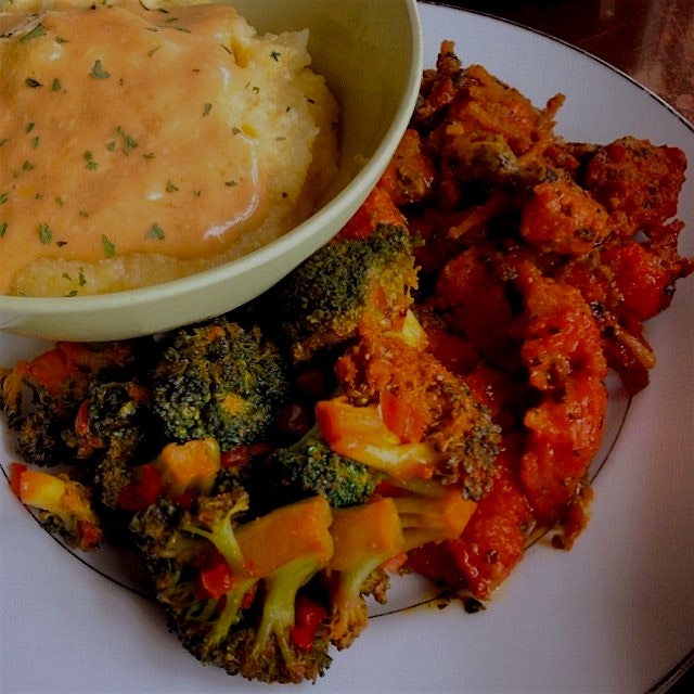 vegan soul food from seasoned vegan. burdock root "crawfish" with broccoli and "cheese" grits