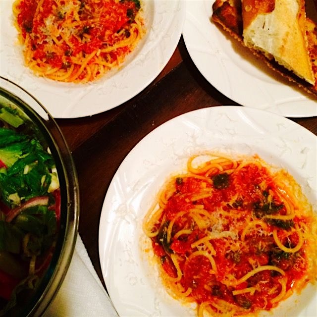 Pasta Night!!  Sauce was really tasty:  garlic, chilli peppers, capers, anchovies, can of San Mar...