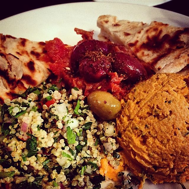 Some hummus, quinoa tabouli, lemon-date chutney, marinated olives, parata bread and zataar from C...