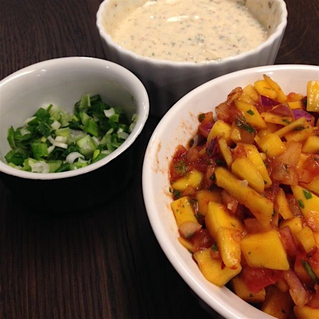 Kicking off the weekend with some fish tacos! Our garnishes include mango salsa with chipoltes en...