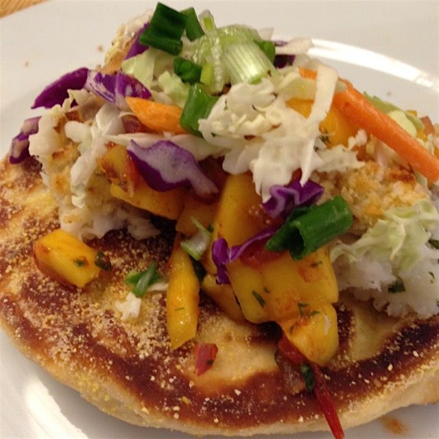 Here is the end product from our fish tacos last night! Delicious! Mom's homemade biscuit tortill...