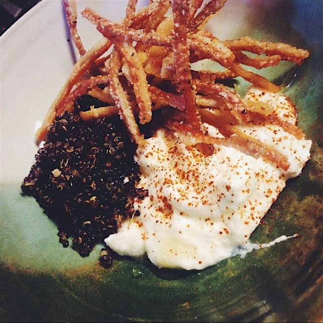 Crispy North Wind Farm Pork Skin, strained Yogurt and sprouted Quinoa. 