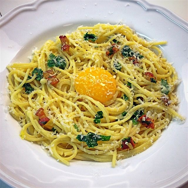 Dinner for Breakfast 😊 Pancetta Carbonara. Leave the egg yolk for last, and you get the fun of po...