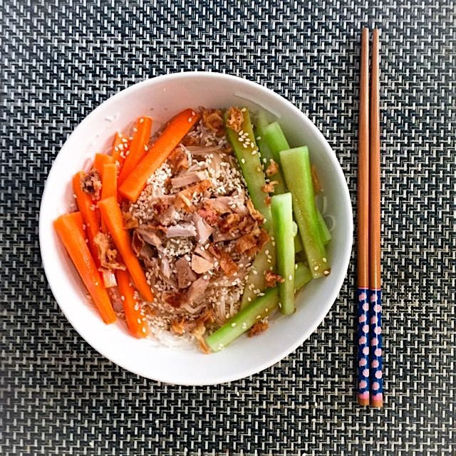Vermicelli, meat, cucumber, carrots, roasted onions and sesame seeds!