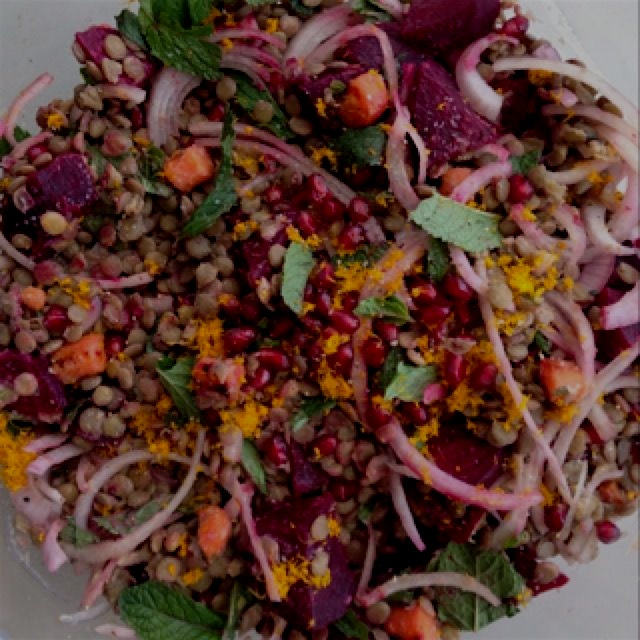Recipe adapted from Saveur Magazine, lentil salad with beets and pomegranate.  Gorgeous, tangy, f...