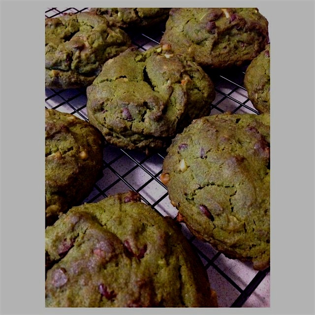 Chewy Green Tea, Chocolate Chip, Macadamia Nut Cookies. Hot out the oven!! Yum! Order up! 